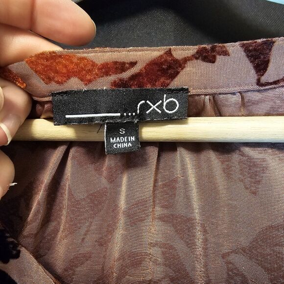 RXB Burgundy Red Gold Floral Velvet Burnout Velour Top Tiered Bell Sleeves Small - Picture 3 of 10